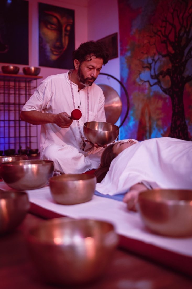 Master Amit Shrestha performing a singing-bowl sound healing session